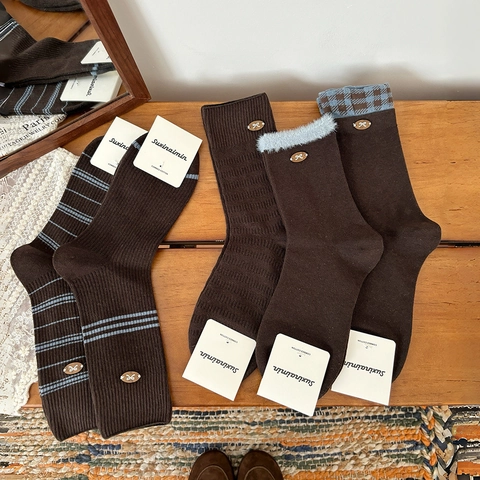 Calze Metà Polpaccio Cotone Stile Preppy Con Bottone Fiocco Decorativo Maglia A Coste Righe Per Donne