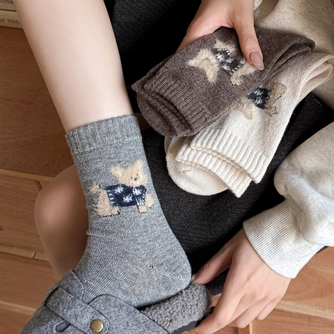 Wool Blend Mid Calf Crew Socks Thick Warm Winter Embroidery Cartoon Dog Pattern Vintage Japanese Style Women