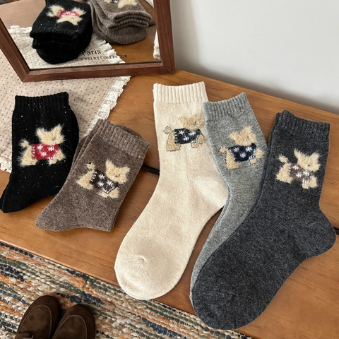 Wool Blend Mid Calf Crew Socks Thick Warm Winter Embroidery Cartoon Dog Pattern Vintage Japanese Style Women