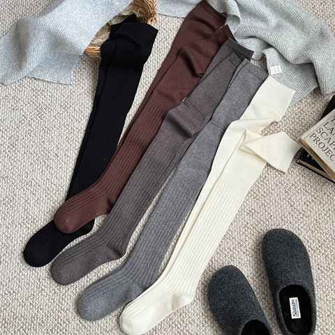 Women Thigh High Socks Winter Warm Over The Knee Ribbed Knit Slouch Socks Solid Color Japanese Style Breathable Soft