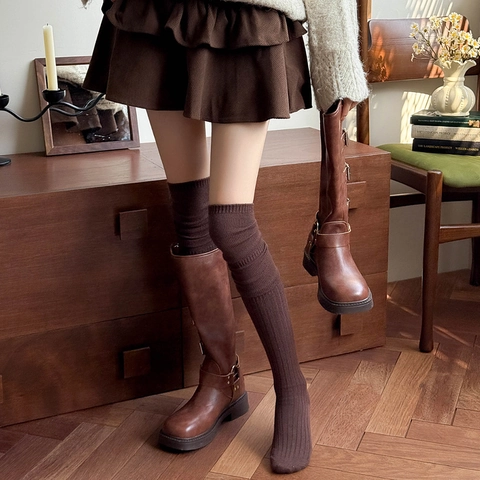 Women Thigh High Socks Winter Warm Over The Knee Ribbed Knit Slouch Socks Solid Color Japanese Style Breathable Soft