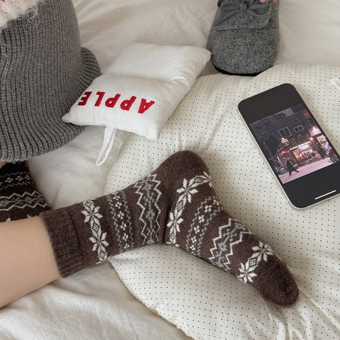 Damen Wollmischung Socken Nordisch Fair Isle Schneeflocke Geometrisch Dick Warm Winter Retro Crew Socken Gemütlich