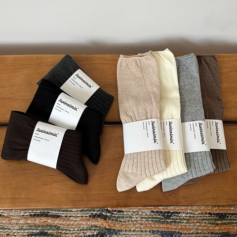 Slouch Socks Ribbed Cotton Solid Color Mid Calf Breathable Japanese Style Soft Comfort For Women