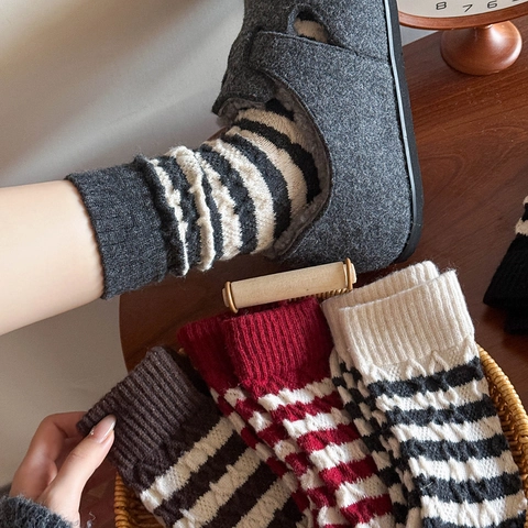 Damen Wollmischung Gestreifte Crew Socken Dicke Warme Winter Zopfmuster Lässige Retro Mittlere Tube Strümpfe