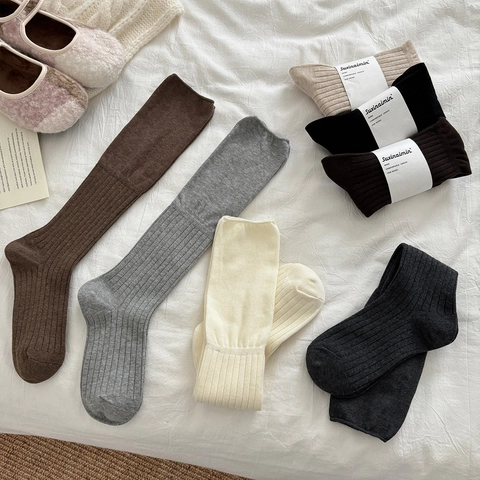 Chaussettes Mollet Femme En Coton Slouch Couleur Unie Tricot Côtelé Style Ballet Respirant Doux Automne Hiver