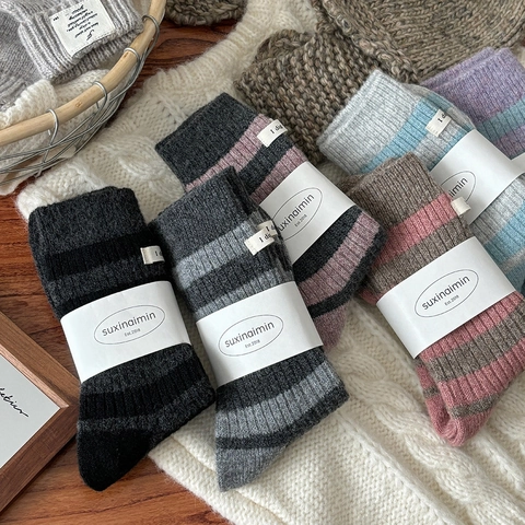 Damen Wollmischung Gestreifte Wadenhohe Socken Verdickte Warme Strick Socken Mit Stoffetikett Gerippt Winter