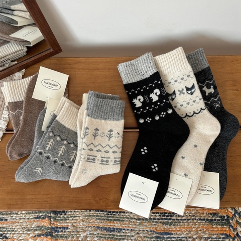 Damen Wollmischung Crew Socken Retro Nordisch Fair Isle Muster Wald Tier Winter Warm Dick Atmungsaktiv Wadenhoch
