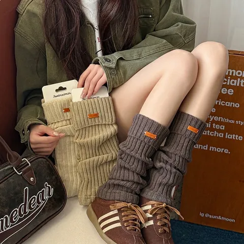 Jambières En Tricot Pour Femmes Slouchy Côtelées Chaudes Hiver Acrylique Avec Étiquette En Cuir Style Rétro