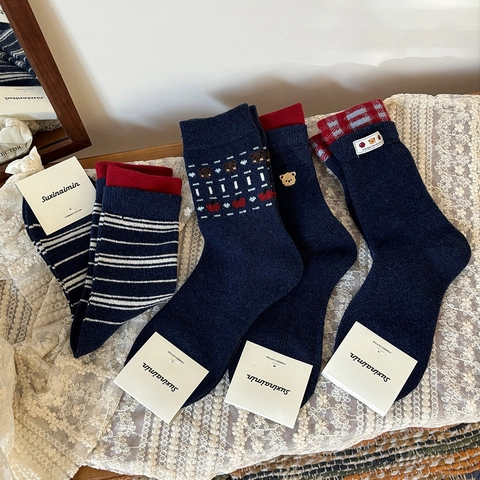 Calze Al Polpaccio Donna Misto Lana Cotone Pettinato Calde Spesse Inverno Retro Orso Strisce Cuore