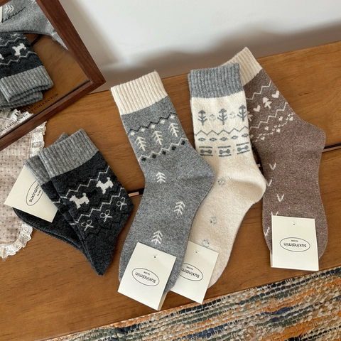 Damen Wollmischung Crew Socken Retro Nordisch Fair Isle Muster Wald Tier Winter Warm Dick Atmungsaktiv Wadenhoch