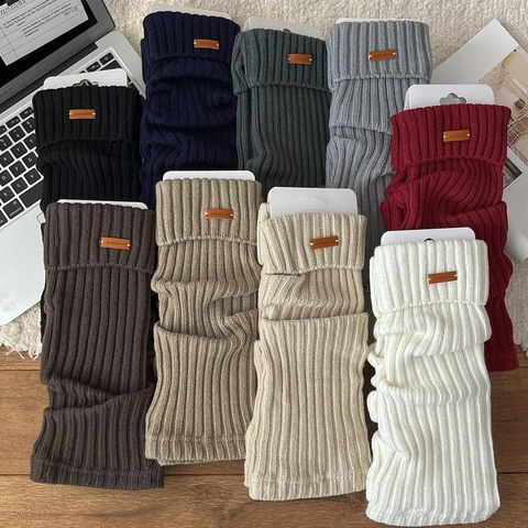 Jambières En Tricot Pour Femmes Slouchy Côtelées Chaudes Hiver Acrylique Avec Étiquette En Cuir Style Rétro