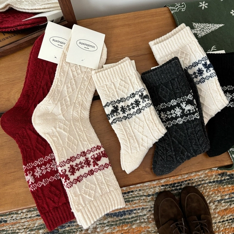 Calze Di Natale Donna Misto Lana Maglia Spessa Calda Nordico Fair Isle Alce Fiocco Di Neve Retrò