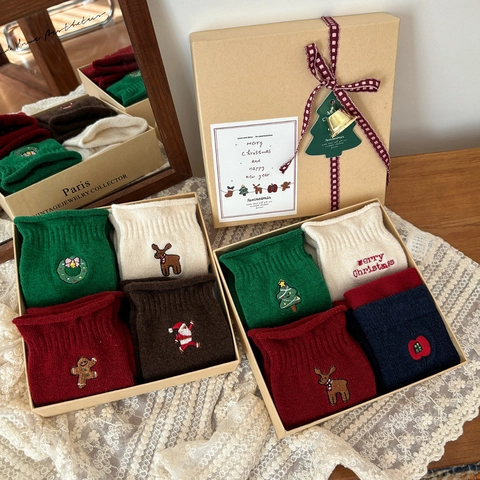 Calcetines De Navidad Mezcla De Lana Gruesos Cálidos Invierno Bordado Dibujos Animados Reno Papá Noel Regalo Mujeres Media Pantorrilla