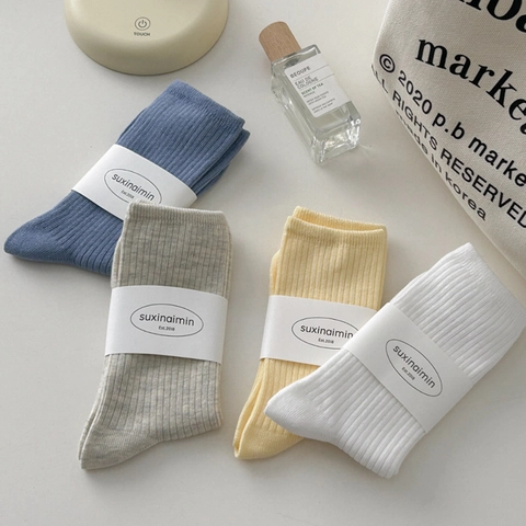 Calze Metà Polpaccio Donna Maglia Cotone A Coste Assorbente Colore Solido Casual Stile Giapponese