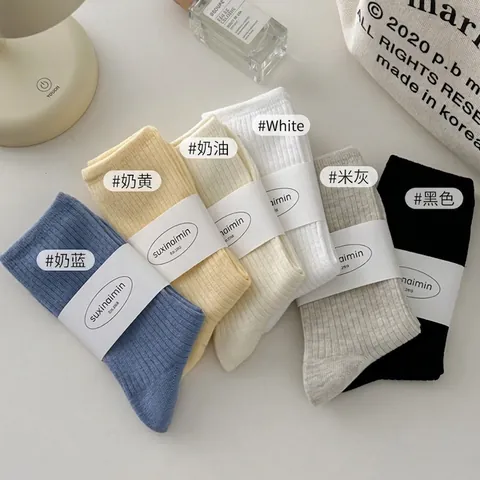 Calze Metà Polpaccio Donna Maglia Cotone A Coste Assorbente Colore Solido Casual Stile Giapponese