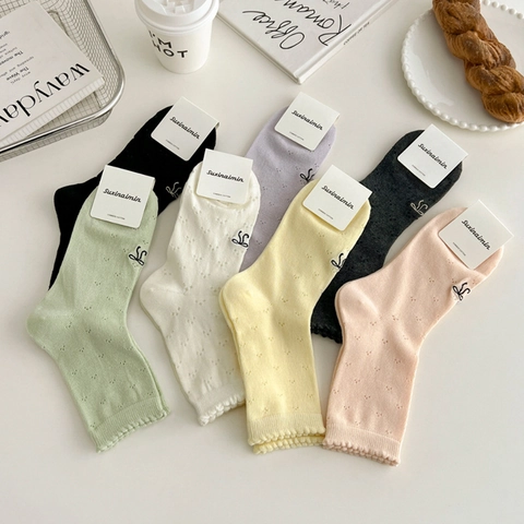 Women Mid Tube Socks Combed Cotton Hollow Mesh Bow Embroidery Scalloped Ruffle Edge Sweet Korean Style Girls