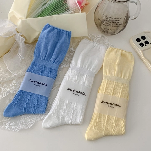 Women Cotton Slouch Socks Cable Knit Ruffle Edge Lettuce Trim Breathable Mid Calf Socks Japanese Balletcore Style