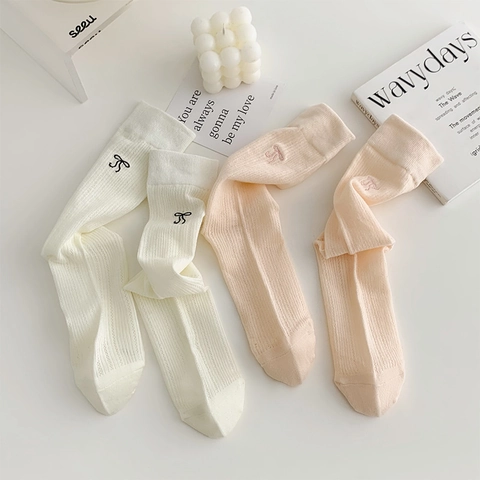 Women Mid-Calf Socks Cotton Breathable Hollow Mesh Bow Embroidery Balletcore JK Style Sweet Japanese Fashion Slouchy