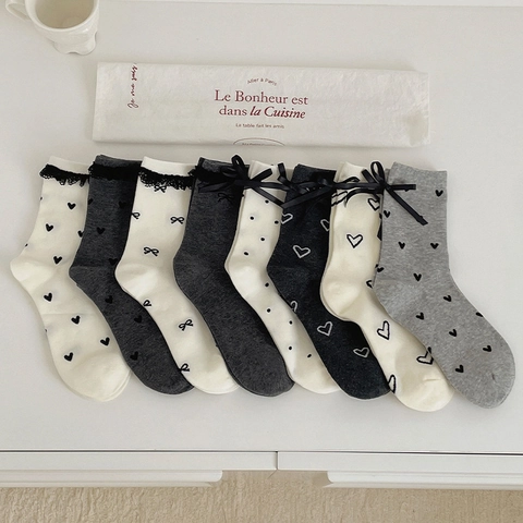 Women Slouch Socks Cotton Breathable Lace Edge Ribbon Bow Heart Polka Dot Sweet JK Style Fashionable Soft Mid Tube