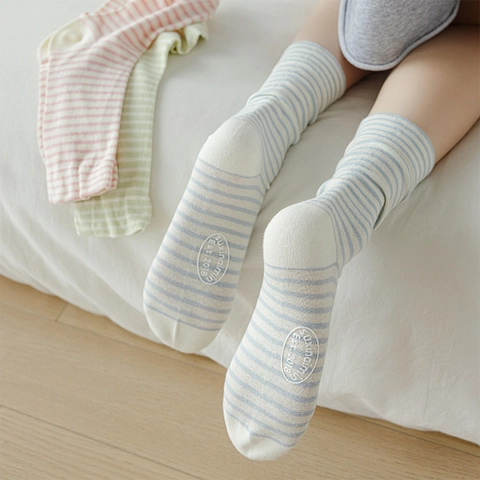 Women Slouch Socks Cotton Knit Striped Mid Calf Crew Socks Breathable Comfortable Casual Japanese Korean Style Macaron Colors