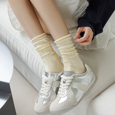 Women Cotton Slouch Socks Cable Knit Ruffle Edge Lettuce Trim Breathable Mid Calf Socks Japanese Balletcore Style