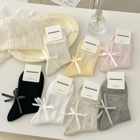 Cotton Ribbed Crew Socks With Satin Ribbon Bow Japanese Sweet Style Solid Color Soft For Women