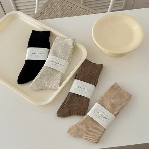 Women's Cotton Crew Socks Ribbed Knit Solid Color Breathable Sweat Absorbent Japanese Style Casual Vintage All Match