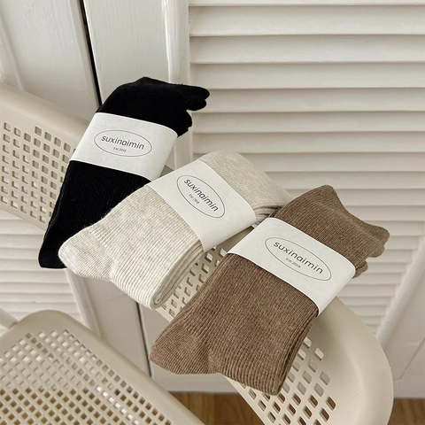 Women's Cotton Crew Socks Ribbed Knit Solid Color Breathable Sweat Absorbent Japanese Style Casual Vintage All Match