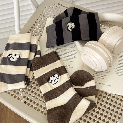 Calze Di Cotone Da Donna Righe Ricamo Cane Cartone Animato Traspirante Stile Giapponese Preppy Morbido