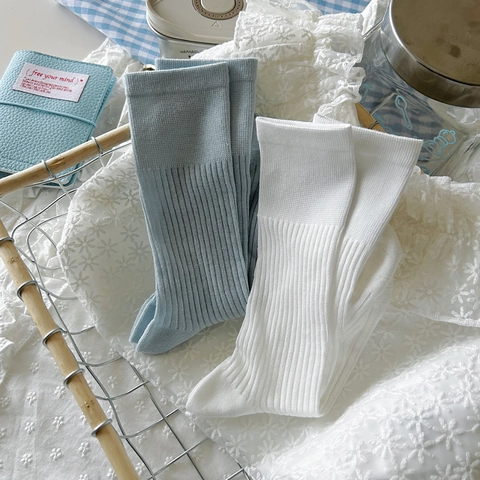 Women Sweet Japanese Slouch Socks Pure Combed Cotton Ribbed Knit Mid Calf Breathable Solid Color JK Style Accessory