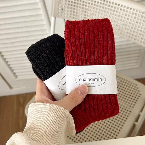 Calcetines Slouch Mujer Moteado Mezcla Lana Punto Canalé Grueso Cálido Invierno Japonés Vintage Media Pantorrilla