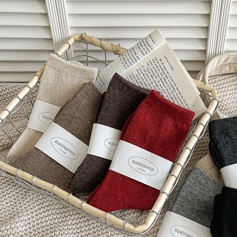 Chaussettes Plissées Femme Mélange Laine Côtelées Mi-Mollet Chaudes Couleur Unie Style Japonais Rétro