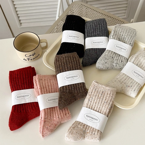 Calcetines Slouch Mujer Moteado Mezcla Lana Punto Canalé Grueso Cálido Invierno Japonés Vintage Media Pantorrilla