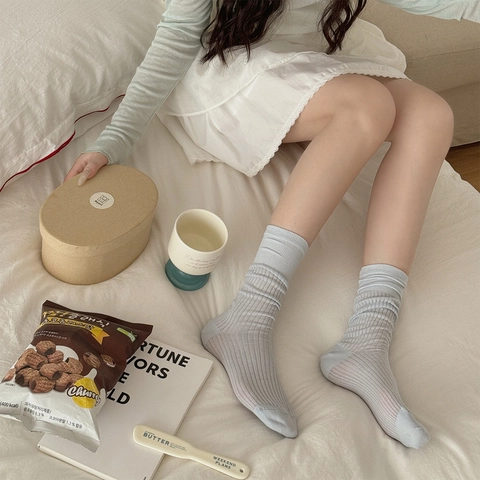 Damen Rippstrick Socken Gekämmte Baumwolle Atmungsaktiv Vertikale Streifen Japanischer JK Stil Dünne Einfarbige Crew Socken