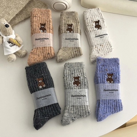 Frauen Crew Socken Süße Bär Stickerei Wolle Mischgewebe Strick Meliert Gerippt Winter Warm Japanischer Stil Kawaii