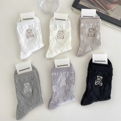 Women Cotton Slouch Socks Breathable Mid-Calf Hosiery Cute Teddy Bear Jacquard And Embroidery Pattern Casual Soft Socks