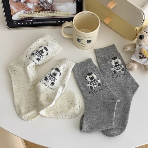 Women Mid Calf Socks Cotton Blend Breathable Flocking Cartoon Bear Pattern Japanese Style Cute Striped Hosiery