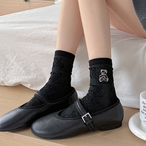Women Cotton Slouch Socks Breathable Mid-Calf Hosiery Cute Teddy Bear Jacquard And Embroidery Pattern Casual Soft Socks