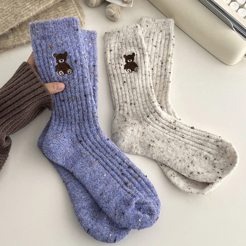 Frauen Crew Socken Süße Bär Stickerei Wolle Mischgewebe Strick Meliert Gerippt Winter Warm Japanischer Stil Kawaii