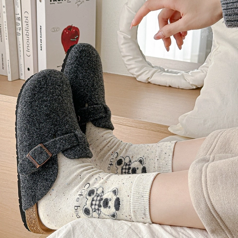 Women Mid Calf Socks Cotton Blend Breathable Flocking Cartoon Bear Pattern Japanese Style Cute Striped Hosiery