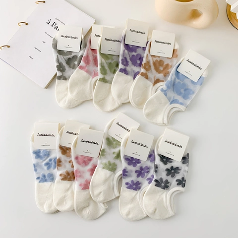 Calcetines Invisibles para Mujer Verano Delgado Malla Floral Estilo Japonés Dulce Seda de Vidrio Corte Bajo Algodón