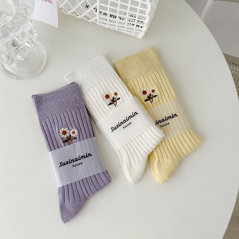 Calze Metà Polpaccio Donna Cotone Costine Dolce Margherita Ricamata Colori Macaron Traspiranti