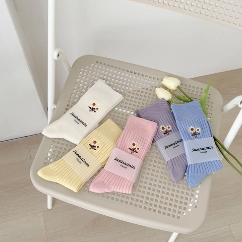 Calze Metà Polpaccio Donna Cotone Costine Dolce Margherita Ricamata Colori Macaron Traspiranti