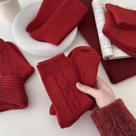 Chaussettes Tricotées En Coton Rouge Pour Femmes Festives Nouvel An Hiver Chaud Épais Motif Vintage