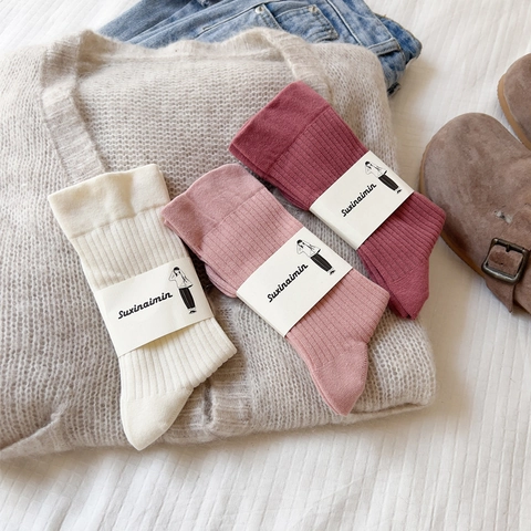 Women Slouch Socks Cotton Ribbed Knit Mid Calf Solid Color Breathable Casual Japanese Style Autumn Winter