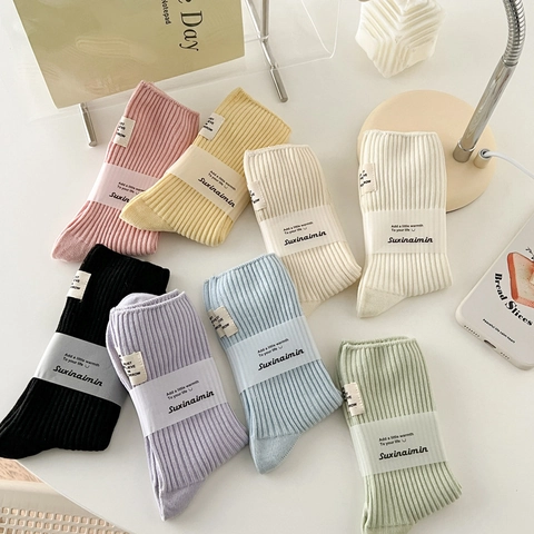 Dames Geribbelde Katoenen Halfhoge Sokken Effen Kleur Ademend Zacht Slouchy Stijl Met Stoffen Label Japanse Stijl