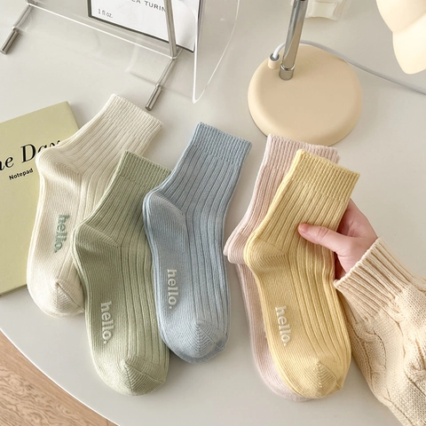 Calcetines Crew Para Mujer Algodón Peinado Punto Elástico Bordado Hello Estilo Japonés Vintage Colores Macaron
