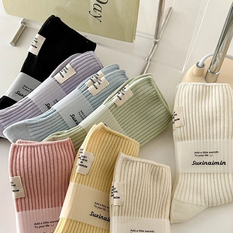 Calcetines Slouch de Algodón Acanalados para Mujer de Estilo Japonés Color Macaron Calcetines de Media Pierna Transpirables con Etiqueta