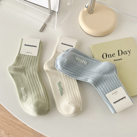 Calcetines Crew Para Mujer Algodón Peinado Punto Elástico Bordado Hello Estilo Japonés Vintage Colores Macaron