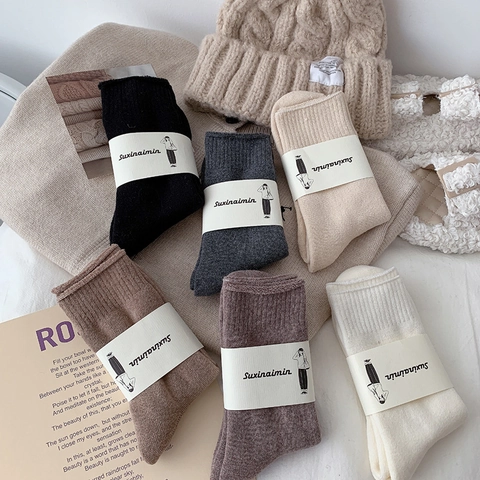 Women Mid Calf Socks Thickened Terry Cotton Warm Winter Thermal Solid Color Ribbed Japanese Style